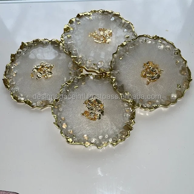 Resin Tray with Branch Handles and Coaster Set | Crushed Glass Tray with Handles and Coaster Set White and Black | Geode Tray |