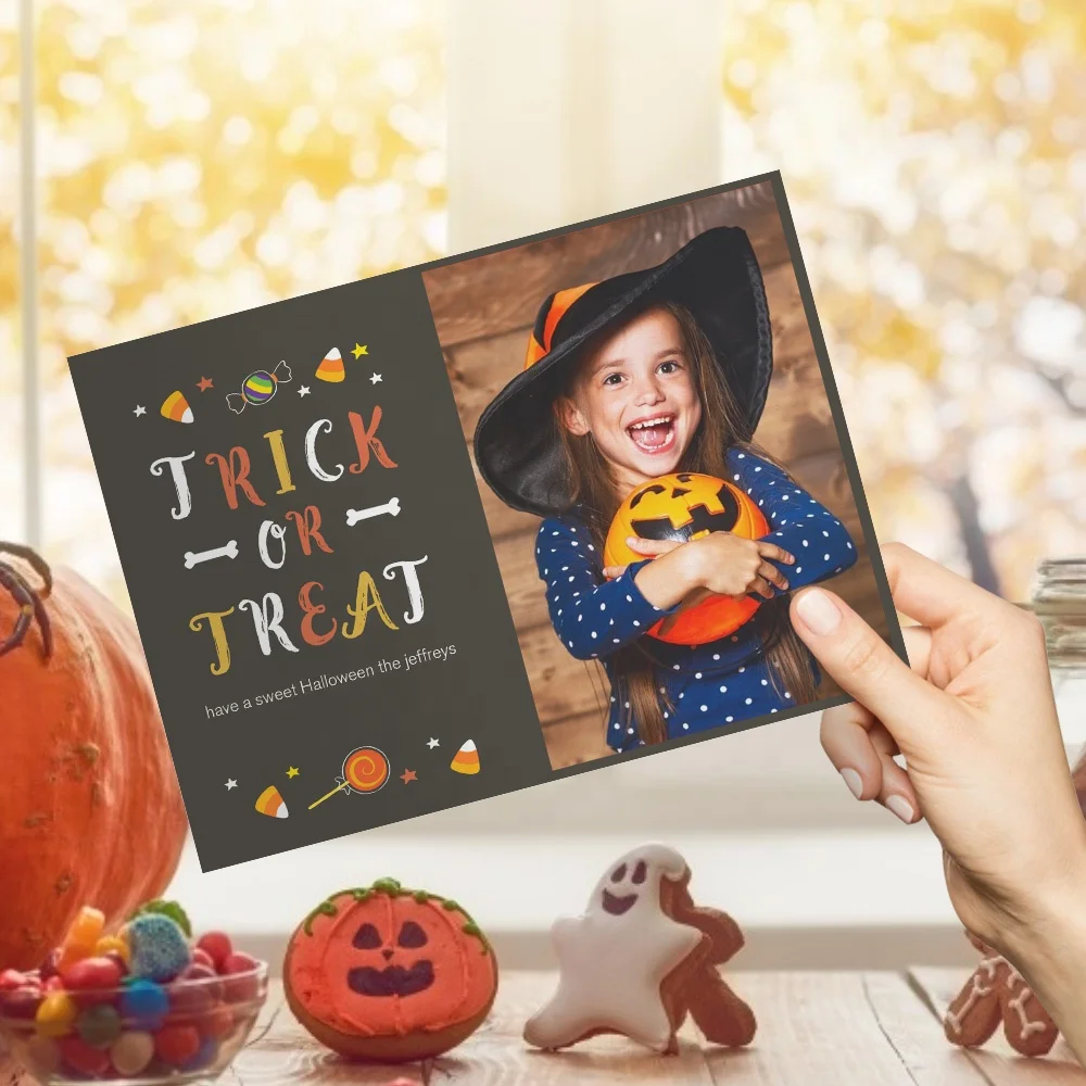 Luxury Custom Photo Text Greeting Card Bat Candy Festival Happy Halloween Cards