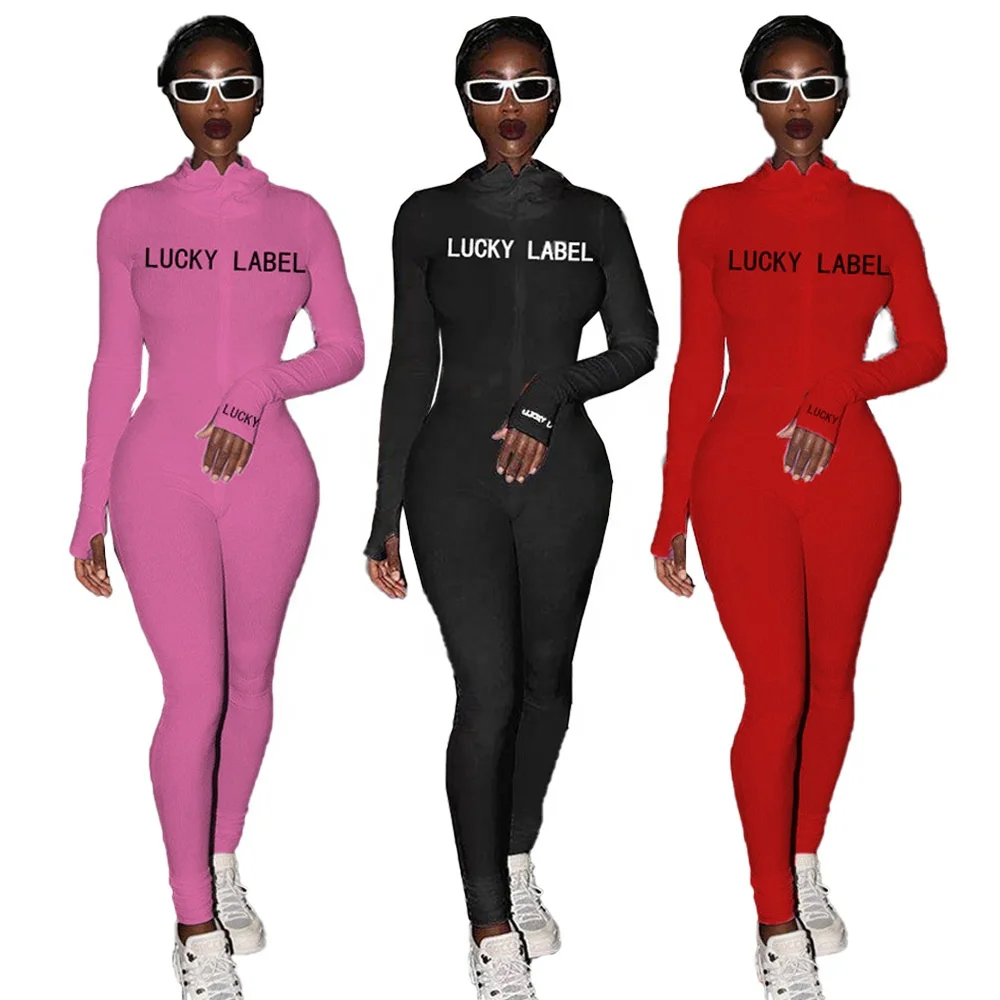 
XLL-902 2021 Women Custom Embroidery Lucky Label Printed Red Long Sleeve Flat Zipper Sports Fitness one piece jumpsuits sexy 