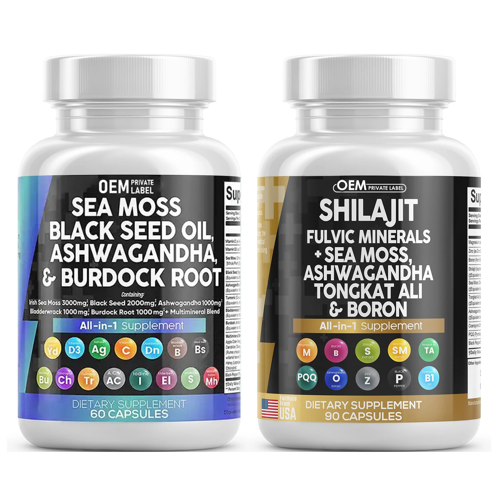 OEM Shilajit добавка морского мха Ashwagandha Panax Капсулы женьшеня с фульвовой кислотой капсулы корня лопуха и лопасти