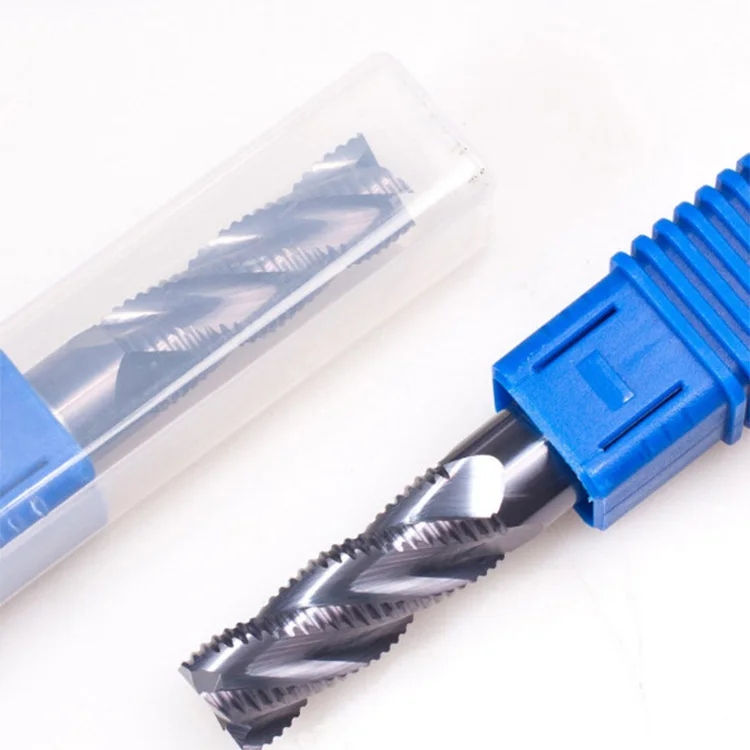Tungsten carbide rouging end mill for steel and aluminum with coarse skin cutter