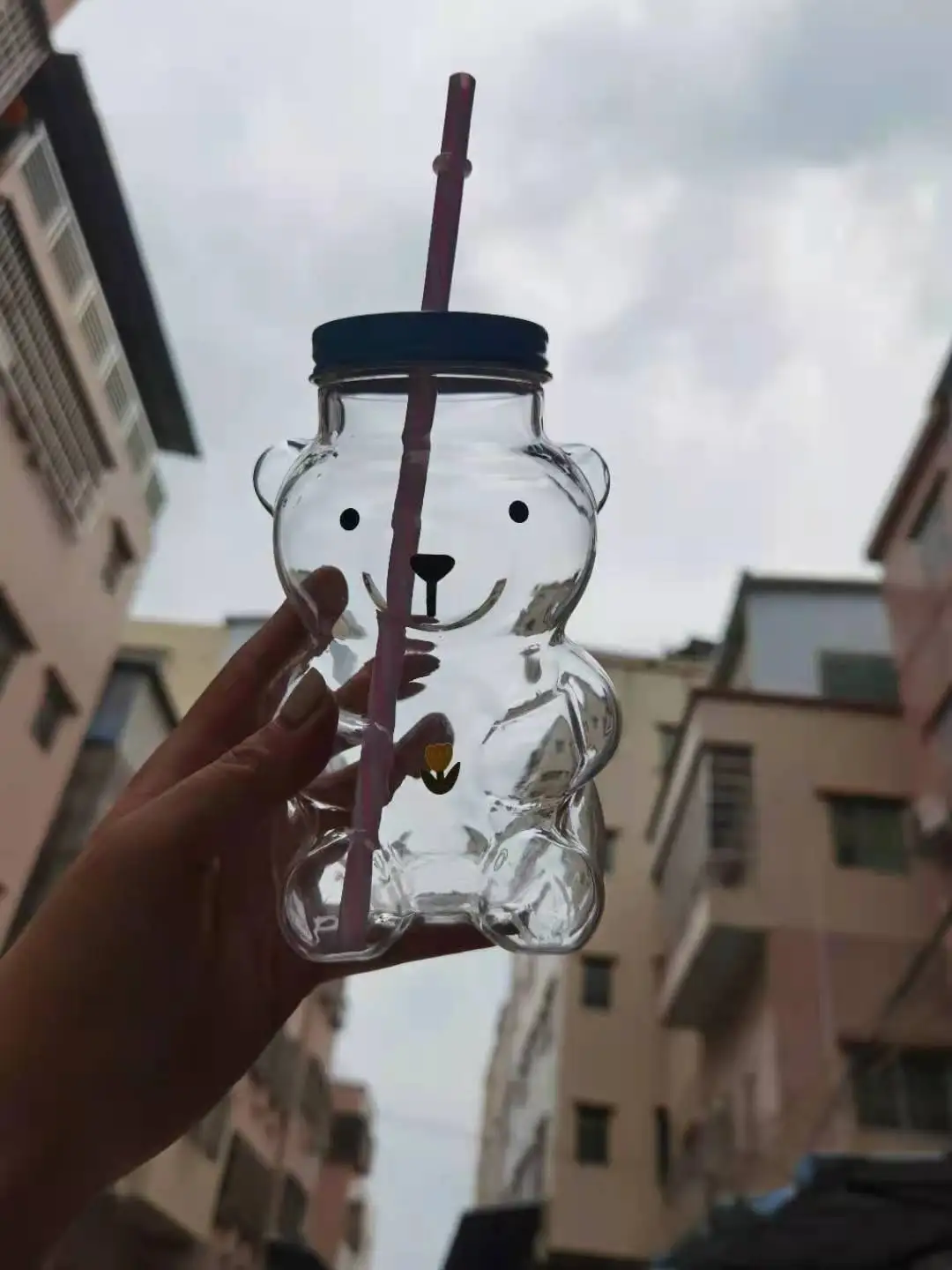 550 ml Wholesale cute Bear Shaped glass cup Water Honey Coffee Milk Cute bottles with Screw Caps metal lids for kids children