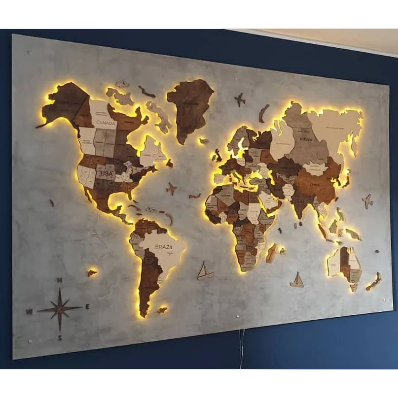 3D Wood World Map With light Backboard World Travel Map