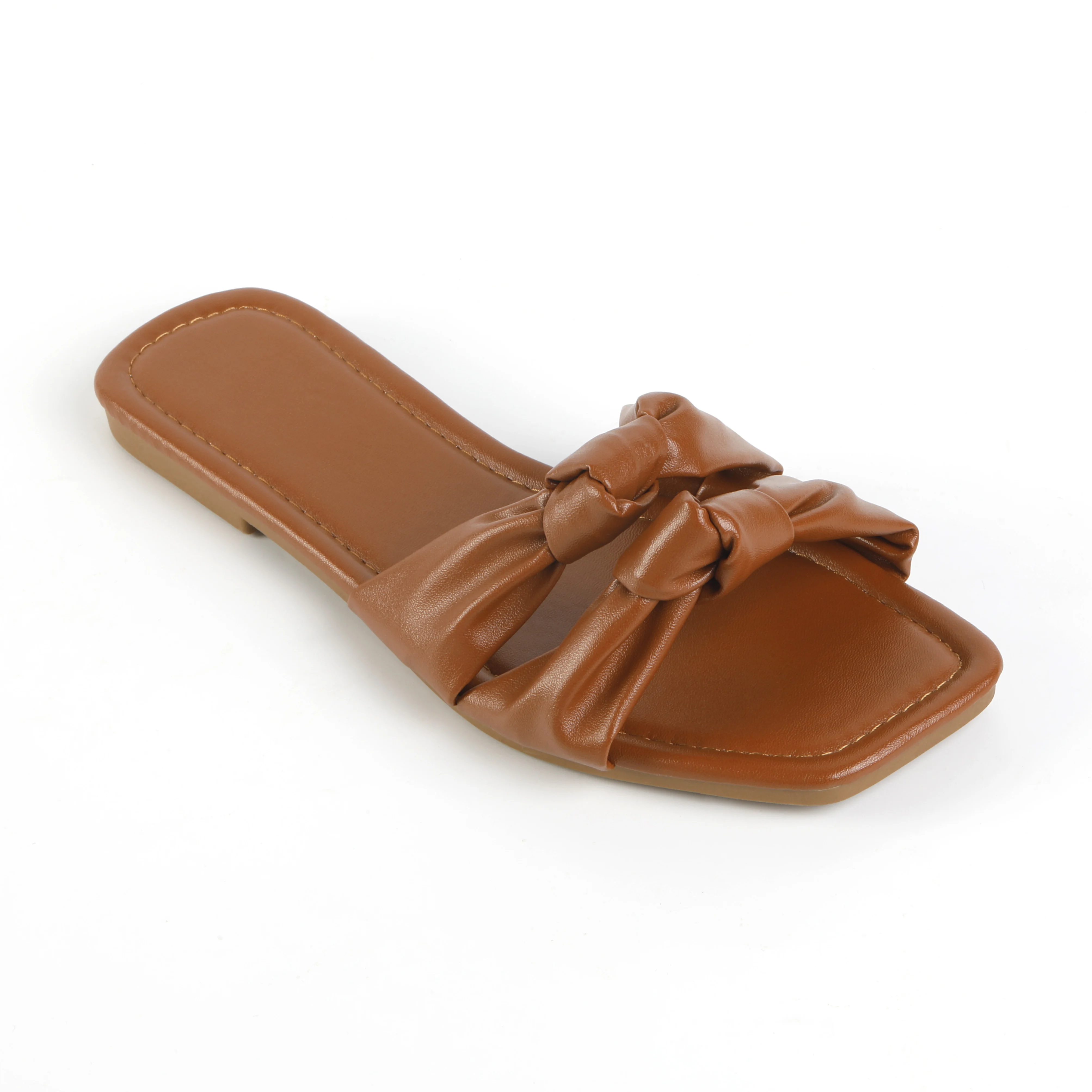 2022 Newest Summer Fashion Double Strap Butterfly Bow Leather Slip On Square Open Toe Slide Flat Sandals Casual Outdoor