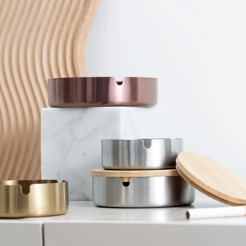 Прямая поставка, Офисная круглая пепельница из нержавеющей стали, дешевая металлическая курительная чашка для сигар, сплющенная ветрозащитная пепельница с крышкой