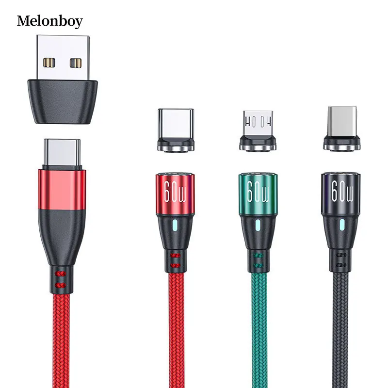 Wholesale customized 3A 3 in 1 magnetic charging cable PD charger cable compatible with micro usb c mobile phone charging