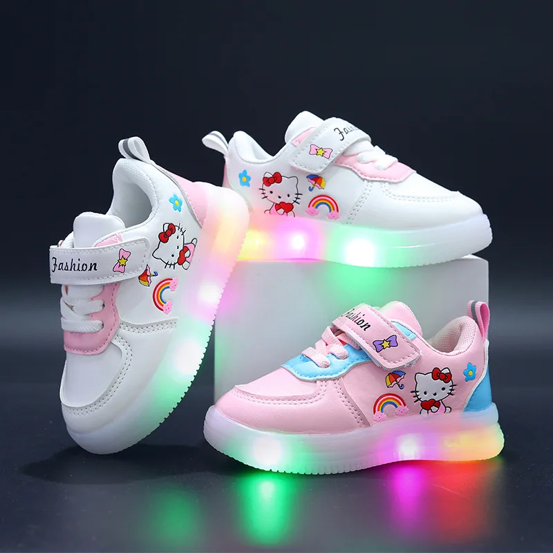 baby girl shoes fashion Hello Cartoon Cat ki&tt skates Sports Casual 1-3Y soft soled non-slip white shoes LED luminescence