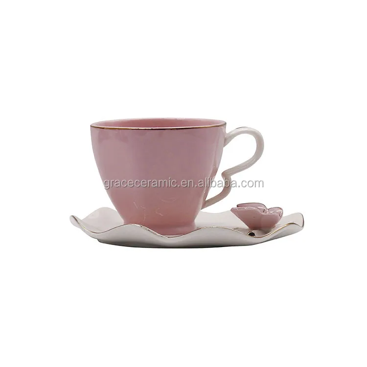 Pink Butterfly Embossed Ceramic china Fine Porcelain Cup And Saucer With Gold Rim