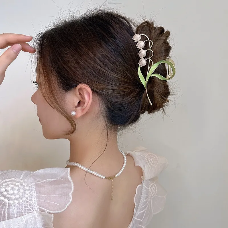 Fashion Hair decoration flower back head ponytail hair grab clip large metal flores convallariae fine women shark hair claw