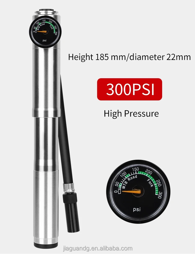 High-Pressure 300psi Aluminum Bicycle Pump with Air Hose and Pressure Gauge Bike Inflator Tyre Pump