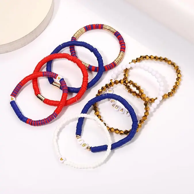 Game Day Personalized Initial Bubble Letter Charm Designer Stackable Colorful Heishi Stone Bead Bracelet Jewelry Set For Girls