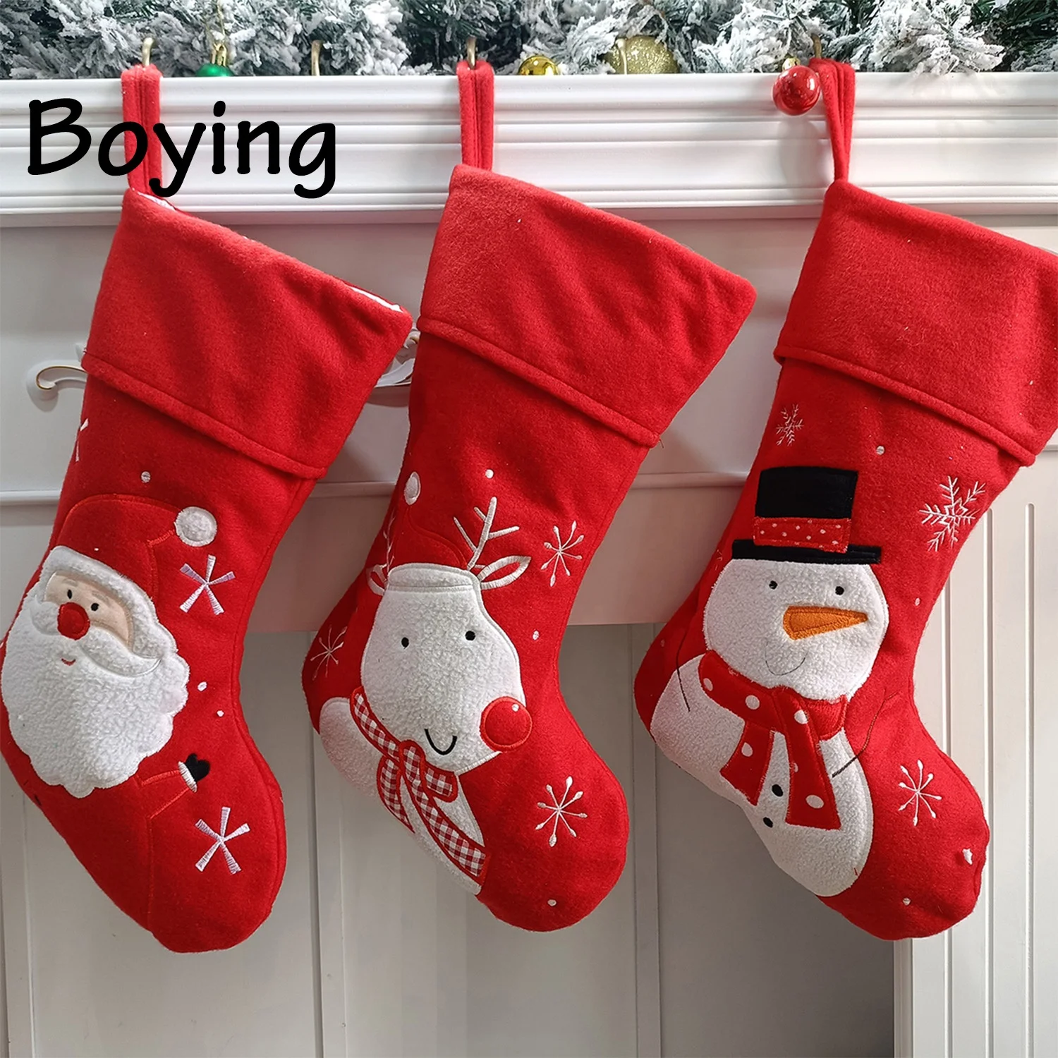 Red Stocking with Embroidered Name Snowflake Reindeer Felt Hanger Blank Christmas Stockings
