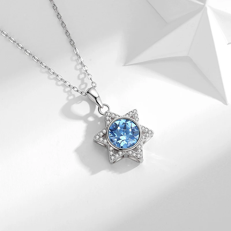 Women Jewish Jewelry 925 Sterling Silver Blue Aquamarine Zircon Star Pendant Star Of David Necklace for Holiday Gifts
