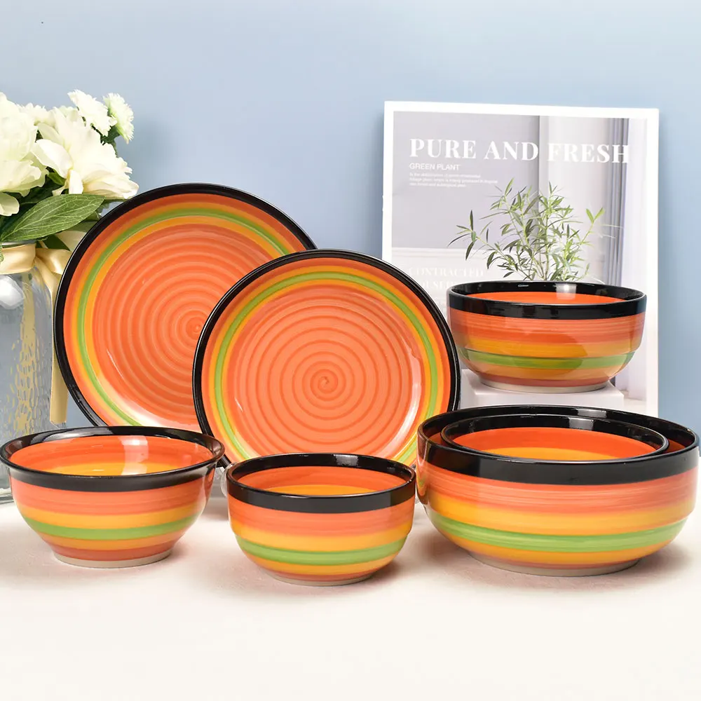 wholesale colored colorful round Shape custom printed stoneware ceramic printing plate for home and hotel