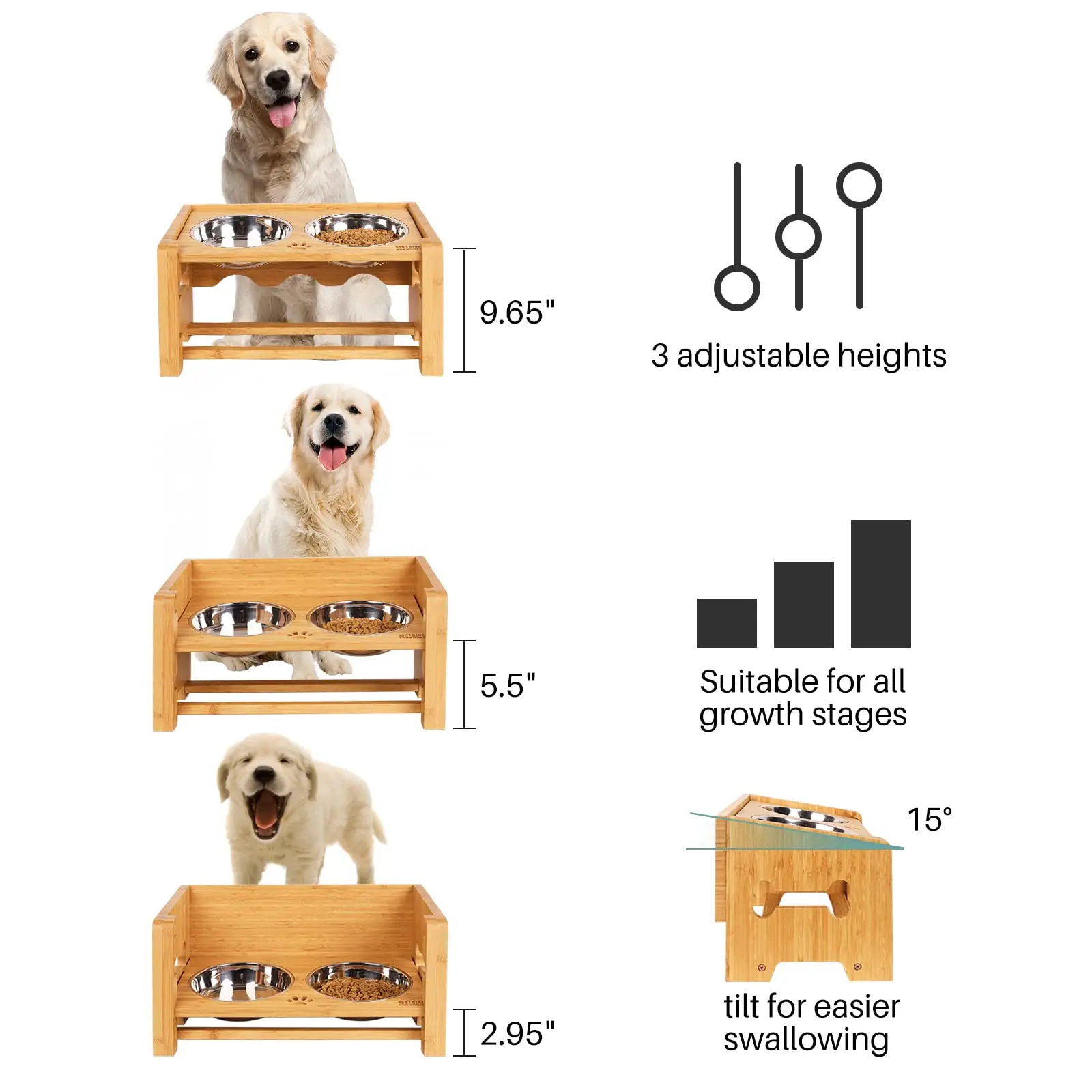 Custom Logo Wooden Bamboo Cat Pet Puppy Dog Stainless Steel Feeding Travel Water Pet Bowl Feeder Wooden Dog Bowls With Stand