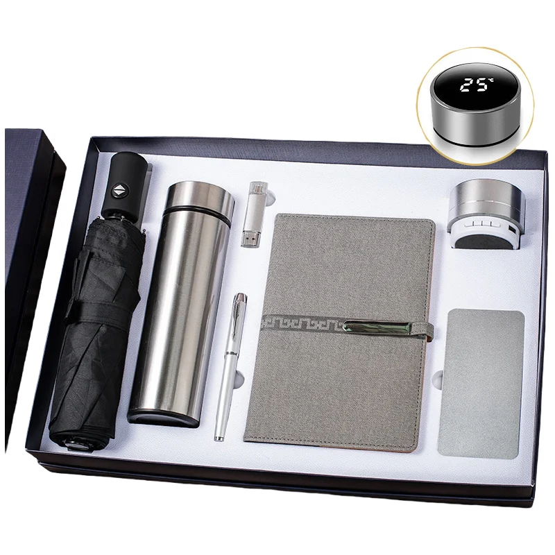 Premium Executive Custom Logo Luxury Thermos&Umbrella&Pen&Usb&Notebook&Speaker&Wireless Power Bank Men Birthday Box Gift Set