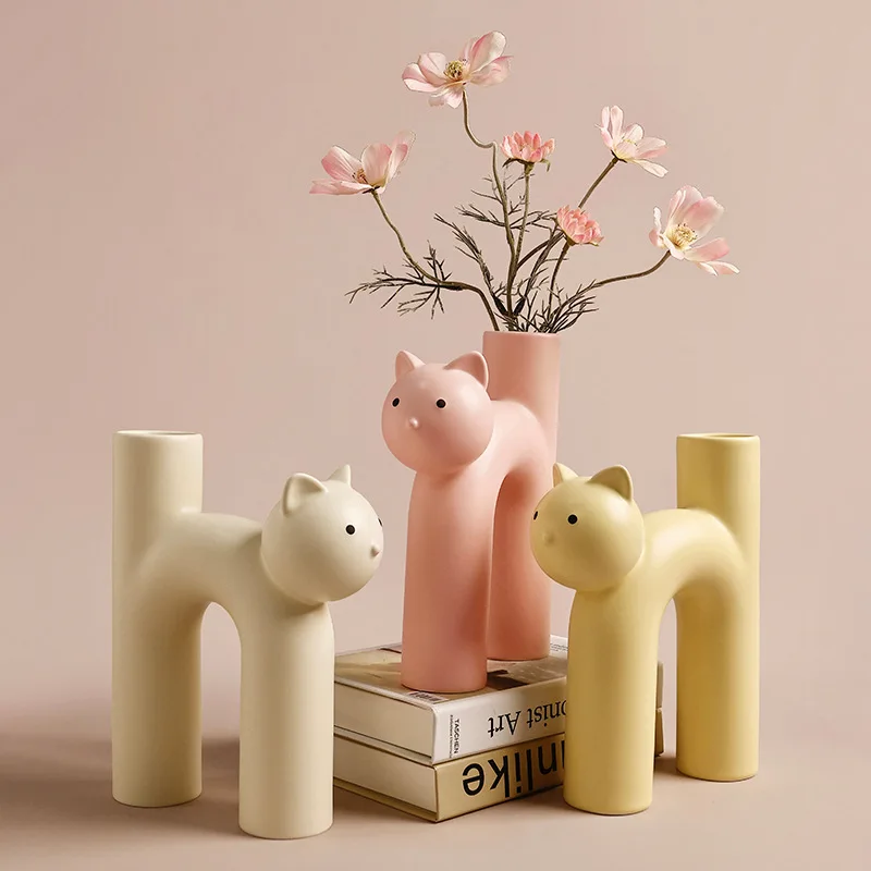 Korean cat vase ceramic modern INS style cute creative colored plant flower cat shaped vase living room home table decoration