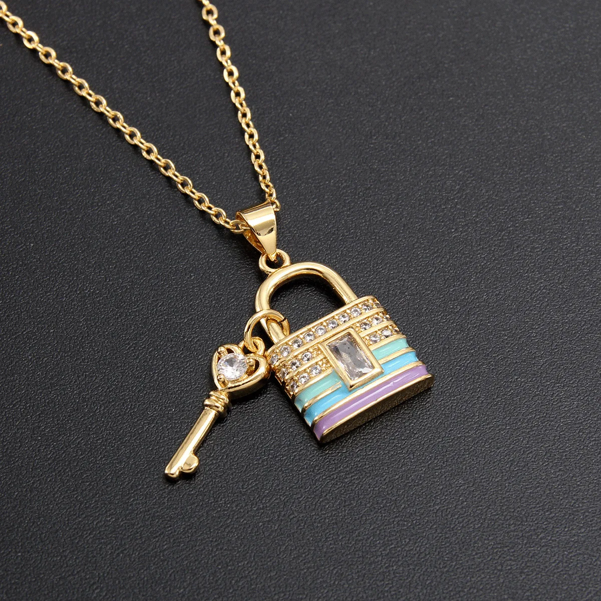 New Fashion Unisex Pendant Necklace Key Lock Diamond Zircon Copper Brass Link Chain Bamboo Style Party Religious Trendy