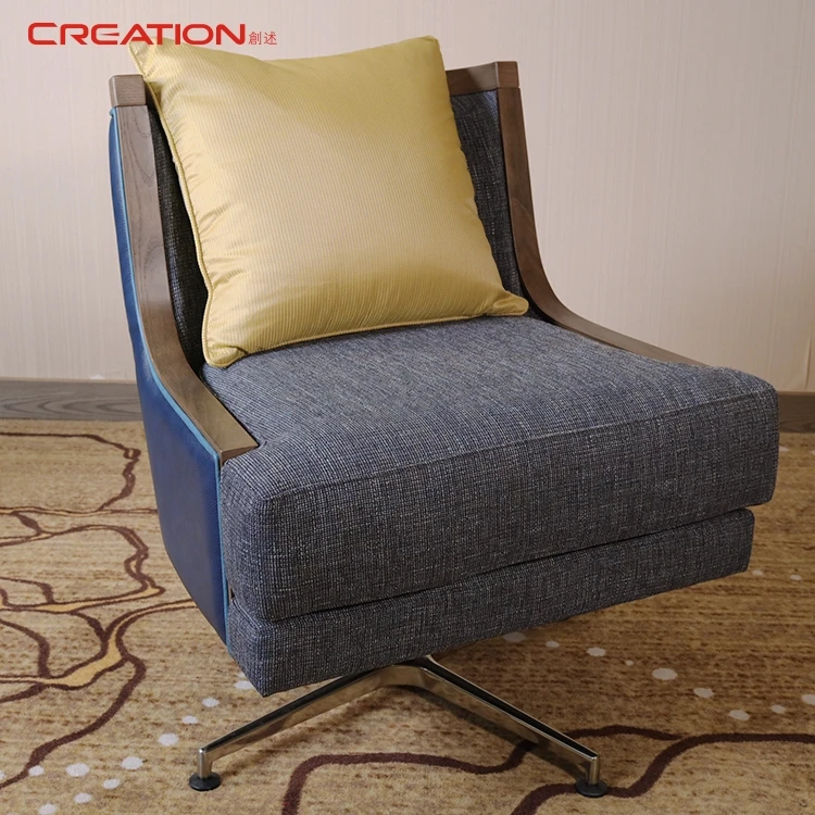 Cheap Hotel Furniture Italy Star Hotel Project Stainless Steel Base Rotating Deep Blue Genuine Leather Sofa Chair For Hotel