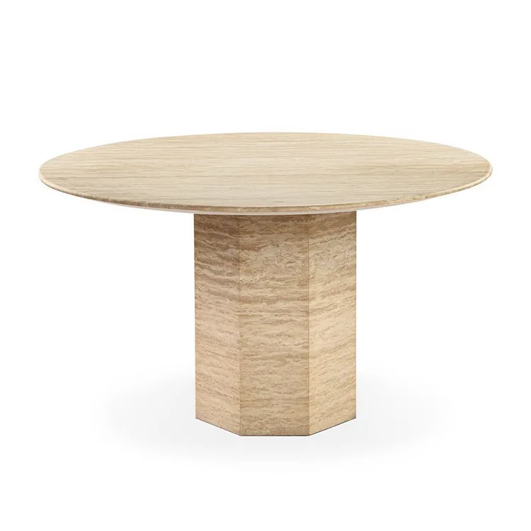 Landiview Dining Room Stone Furniture Round Beige Travertine Dining Table with Hexagon Base