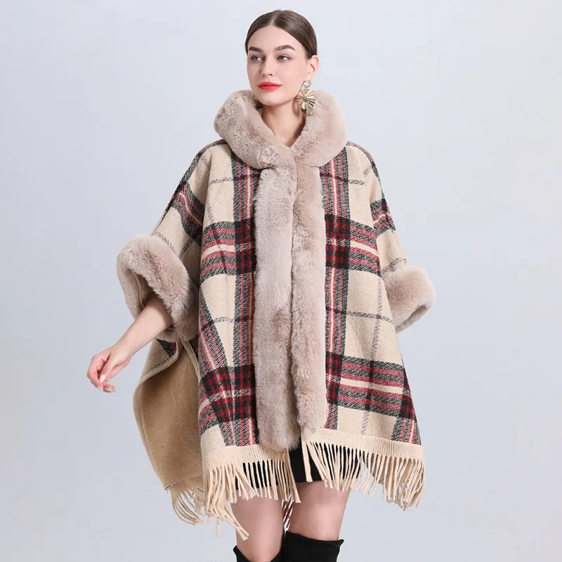 Customized Christmas Fur Neck And Cuff Cloak Free Size Women Thicken Cape Coat