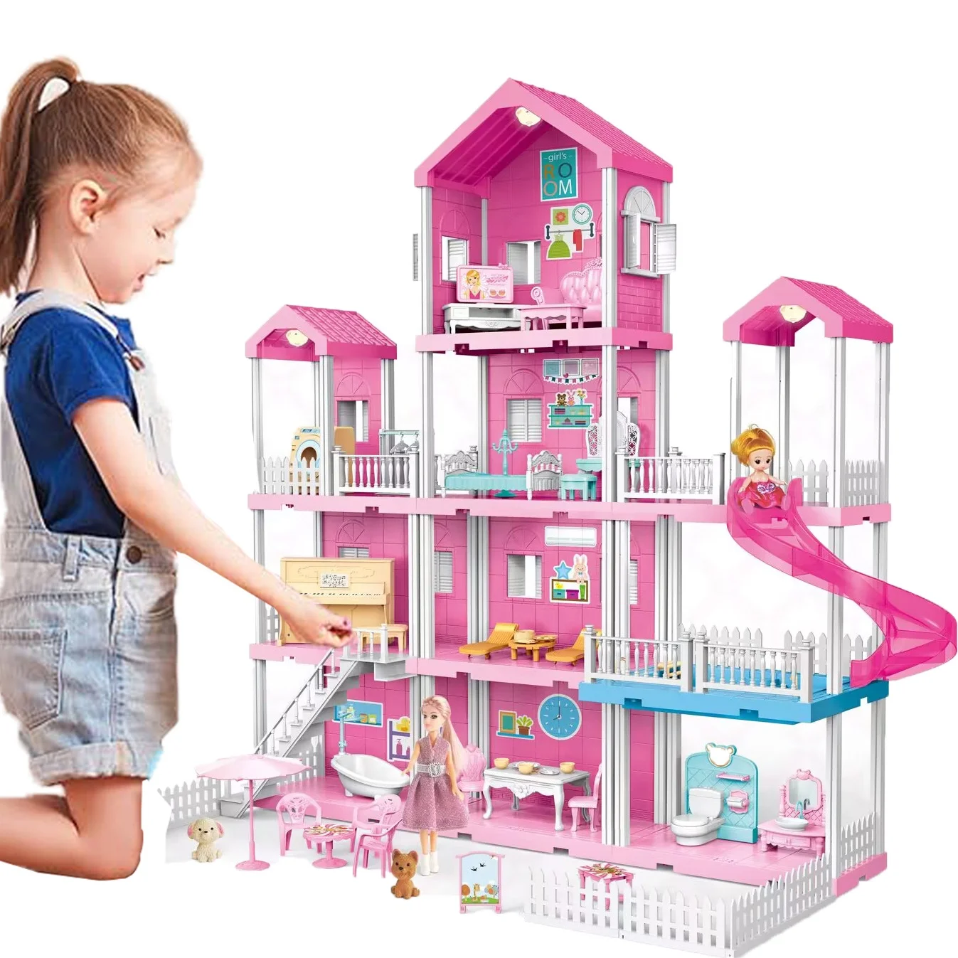 Children Fun Pretend Play  DIY Big Size House Rooms Princess Villa Accessories Furniture Toy DIY Assembly  Doll House For Girls