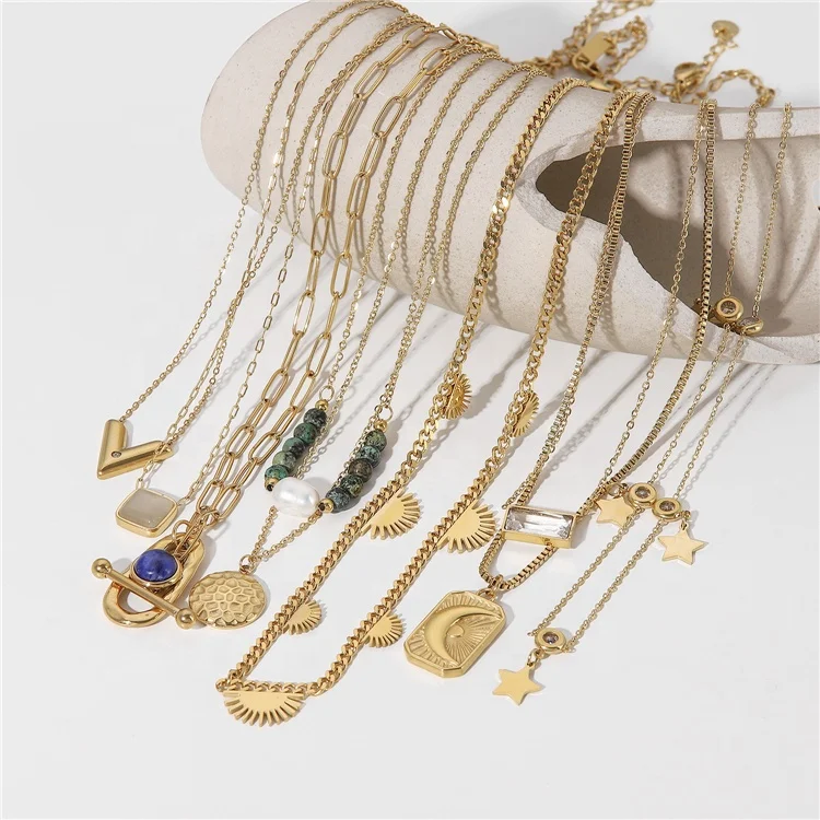 Fashion Jewelry Necklaces V Shape Double Layer Chain Moon Cubic Zirconia Necklace 14K Gold Plated Stainless Steel Star Necklace