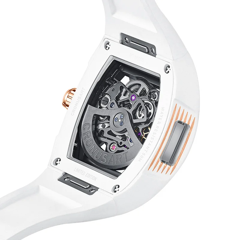 white Automotive Design Style streamline 365l steel case Double sided sapphire mirror Luxury mechanical watch With  rubber strap