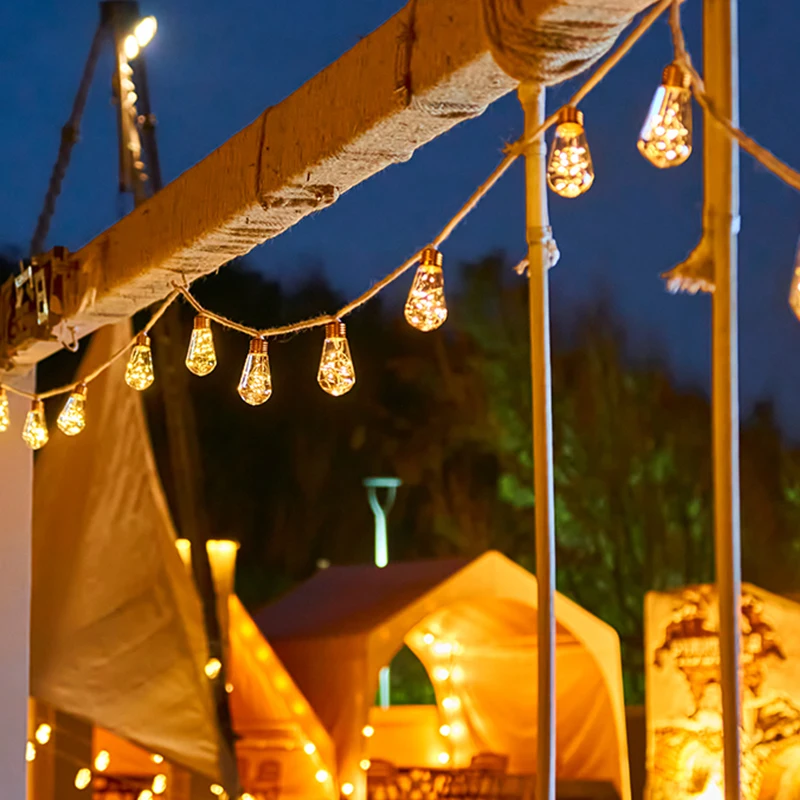 Outdoor Waterproof Warm White Full Star Copper Wire String Lights Solar Powered Patio Restaurant Bar Hemp Rope Elegant Style
