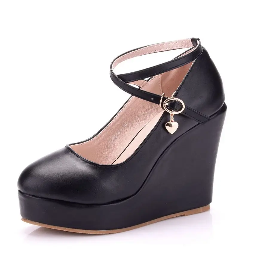 Black Ankle Strap Round Toe Platform High Heels Wedge Pump Shoes Daily Platform Wedge Shoes Heels