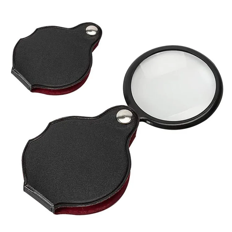 Large Plastic 50MM Portable magnifying glass with light Tempered Glass Artificial Leather Handheld Foldable magnifying glass