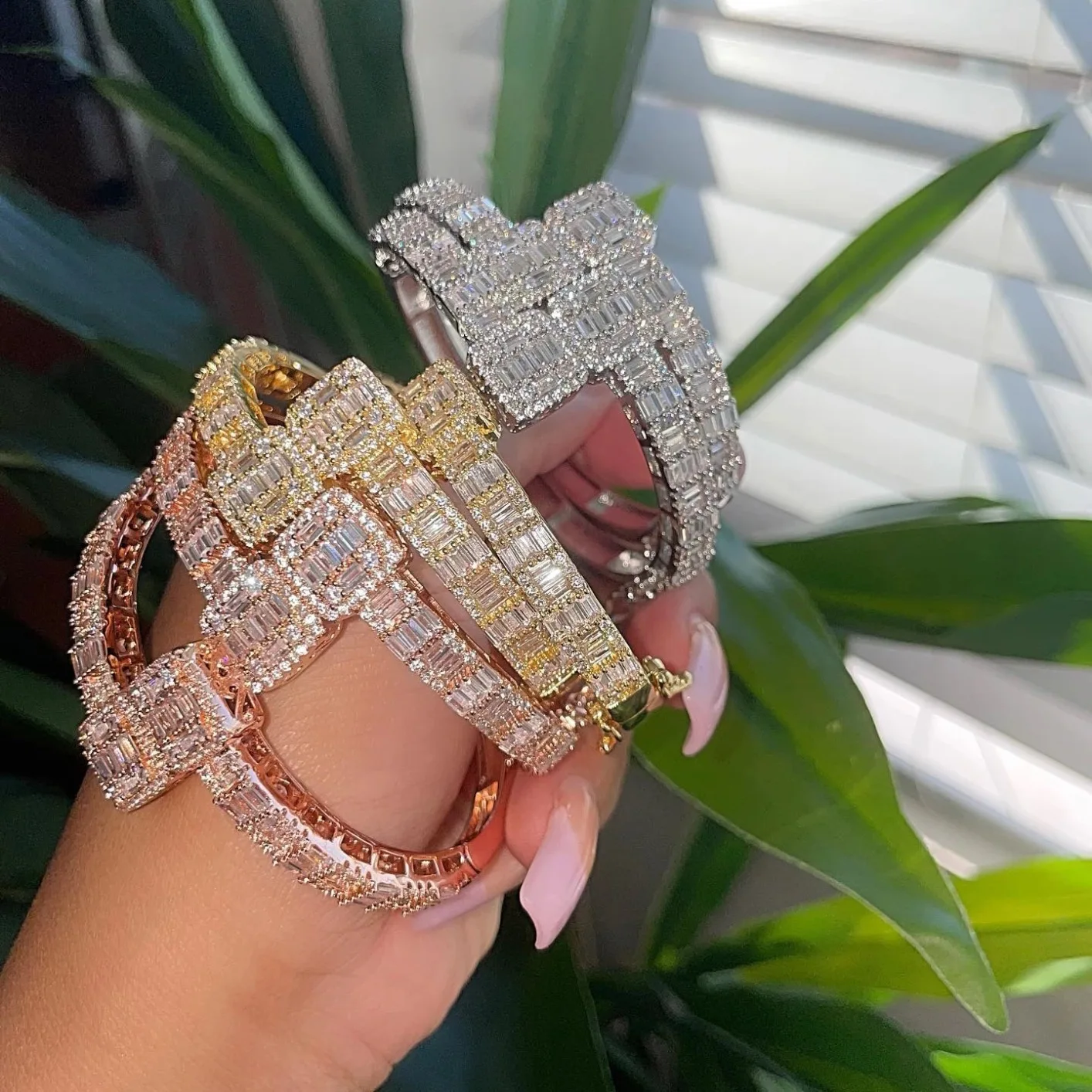 Hip Hop Jewelry Gold Plated Diamond Bracelet Iced Out Cubic Zircon Bracelet Jewelry Miami Baguette Bracelets Bangle For Women