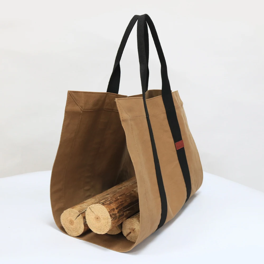 Heavy duty custom brown waxed canvas firewood carrier bag