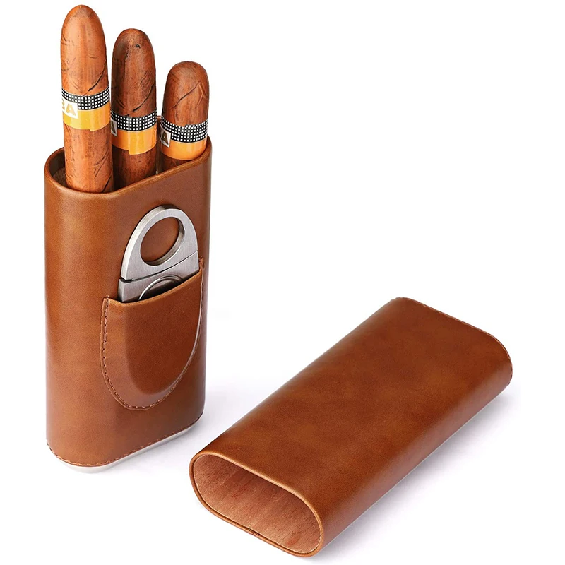 High Quality 3-Finger Humidors Portable Cigar Box Brown Leather Case With Cutter