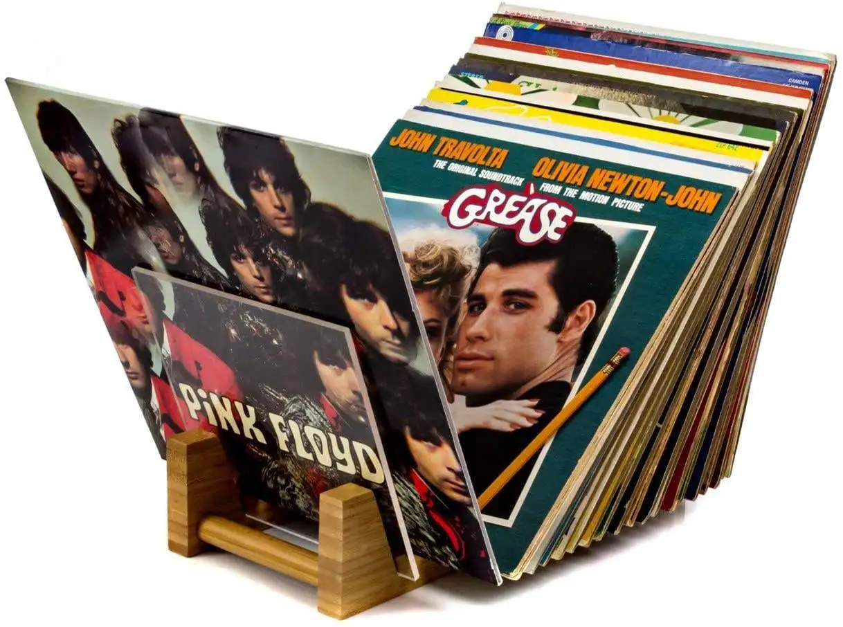 Bamboo Vinyl Record Storage Holder, Premium Bamboo and Acrylic Display Stand