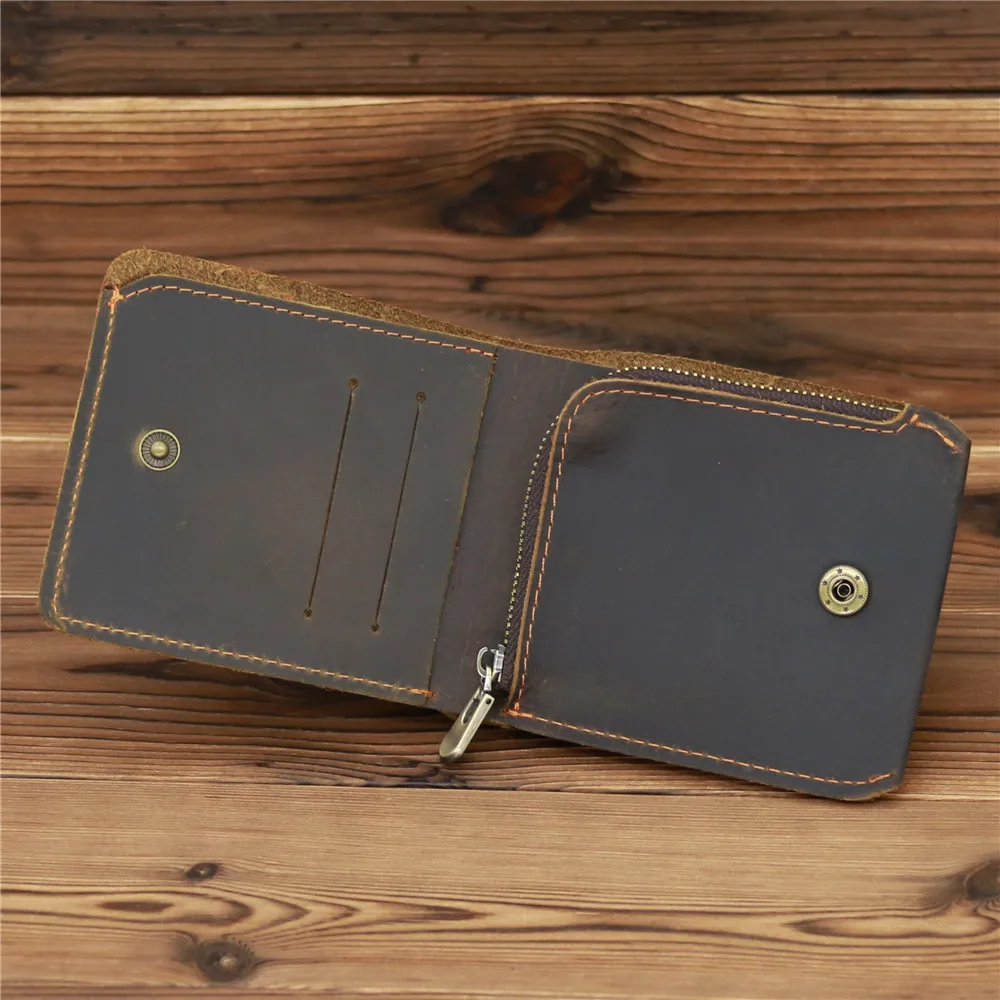 Crazy Horse Vintage Genuine Leather Cards Wallet Men Zipper Coins Purse Wallet