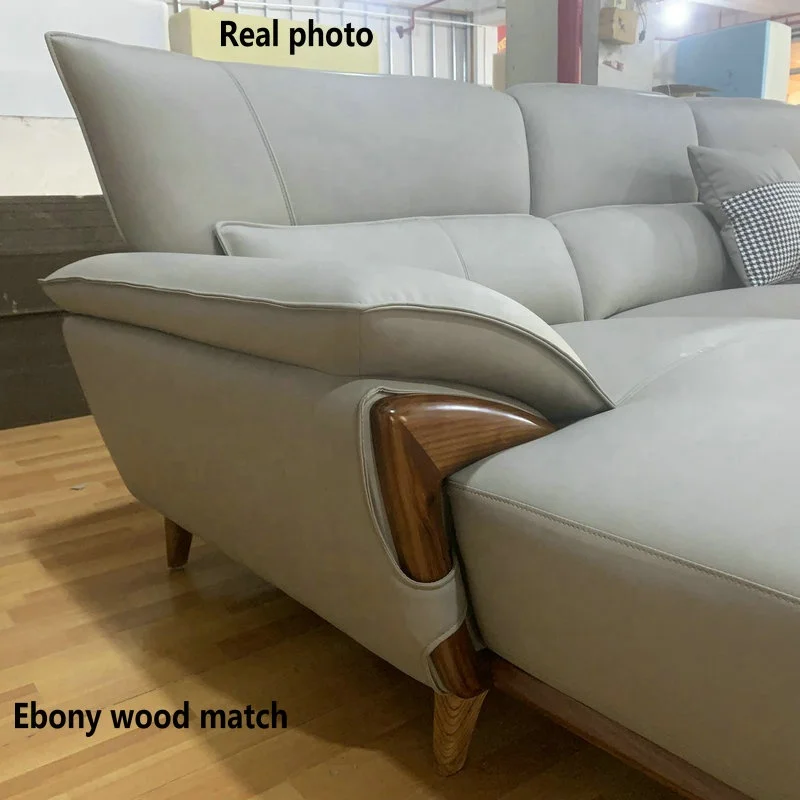 L Shape Top Grain Genuine Leather Sofa Couch With Ebony Wood For Living Room Furniture
