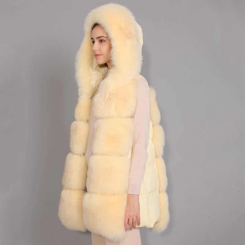 
New Arrival Real Fox Fur Hood Vest Women Fashion design Gilet White Duck Down Filling Fur Long Vest 