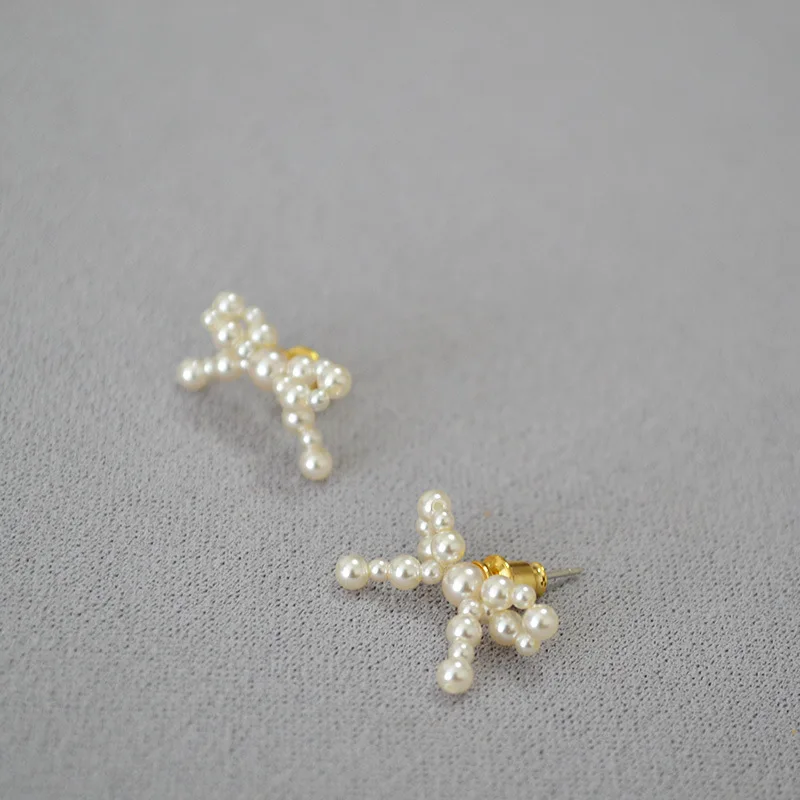 Japan Style 925 Sterling Silver Needle Pearl Bow Stud Earrings Finger Pearl Rings