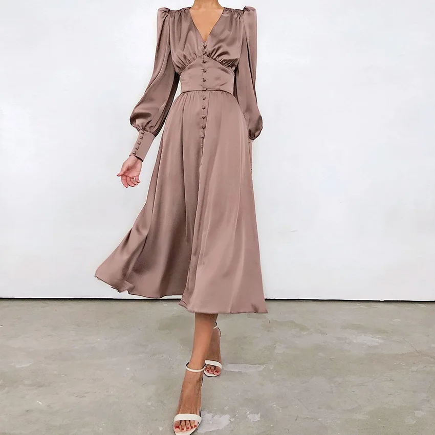 Ladies Ruched Women V-Neck Party Pleated Puff Sleeve Spring Autumn  Casual Satin Long Elegant Dresses Long Sleeve Satin Dress