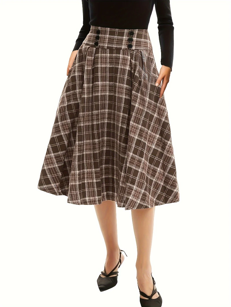 OEM Vintage Swing Elastic Plaid Print High Waist Buttons Decorated A-Line Mid Womens Plaid Retro Knit Flare Skirts