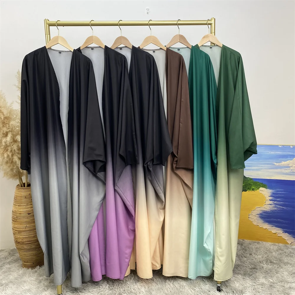 6750#B New Fashion Eid Open Abaya Muslim Polyester Abaya Batwing Sleeves Pretty Gradient Color Women Cardigan Rmanda Clothing