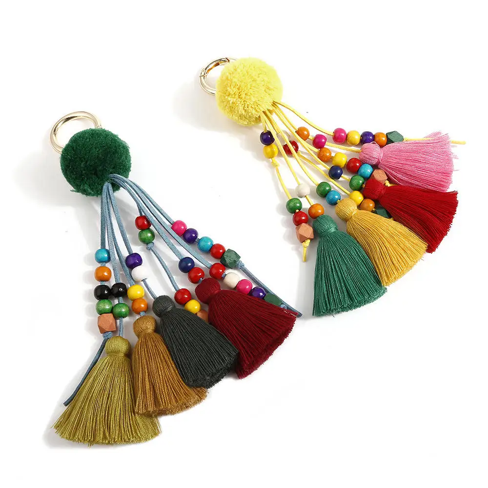 Pom Pom Tassel Keychain with Tassels Cute Bag Pendant Rice Beads Velvet Suede Rope Charms for Girls