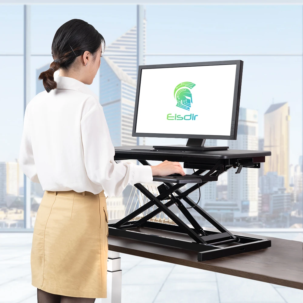Height Adjustable Standing Desk Converter Stand Up Desk Riser Wide Black Home Office Desk for Dual Monitor Workstations