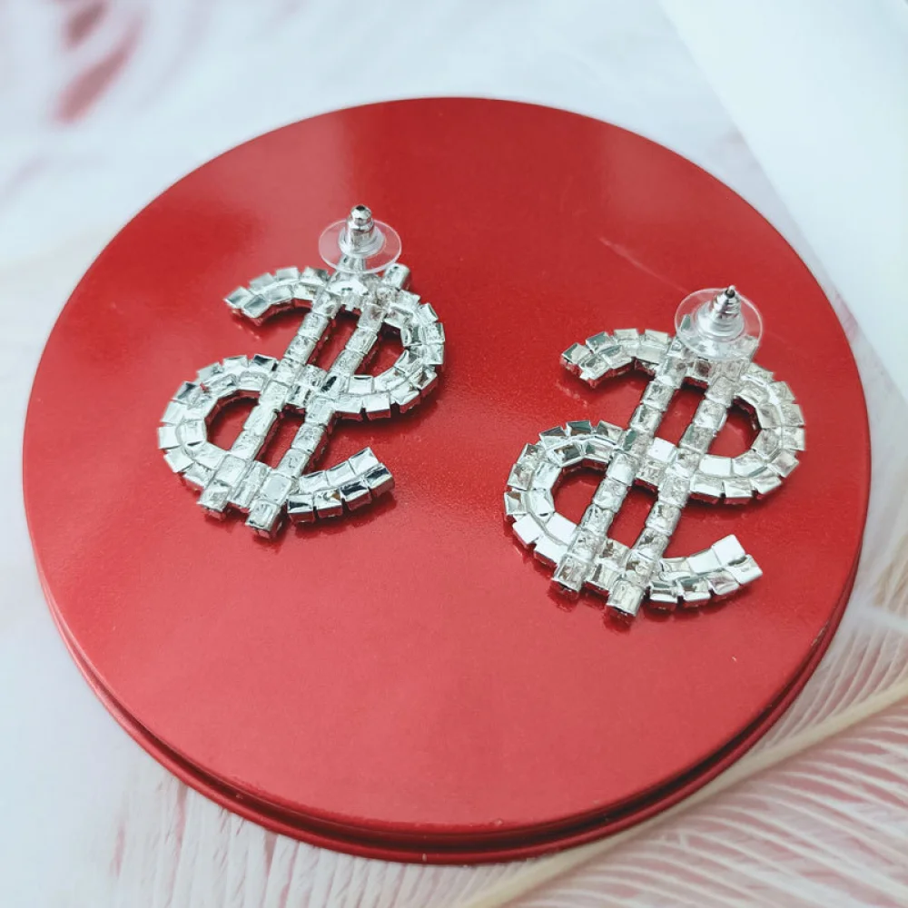 Hip Hop Women Fashion Jewelry Shiny Diamond Dollar Sign Large Rhinestone Stud Earrings