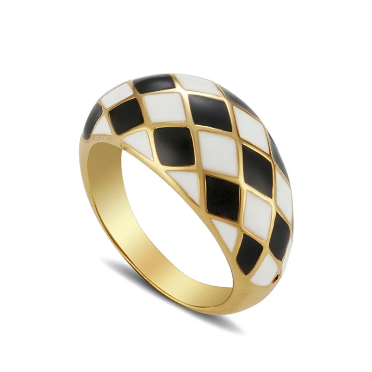 Hot Sale Tarnish Free Jewelry Custom Gold Plated Croissant Chunky Chess Plaid Colorful Enamel Rings For Women Gold Ring