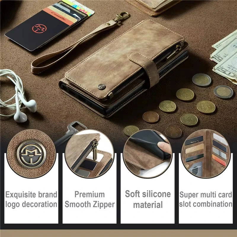 Кожаный чехол для телефона iPhone 11 12 13 14 15 Pro Max XS XR X SE 2022 8 7 plus кошелек на молнии Multi Card Cover Coque
