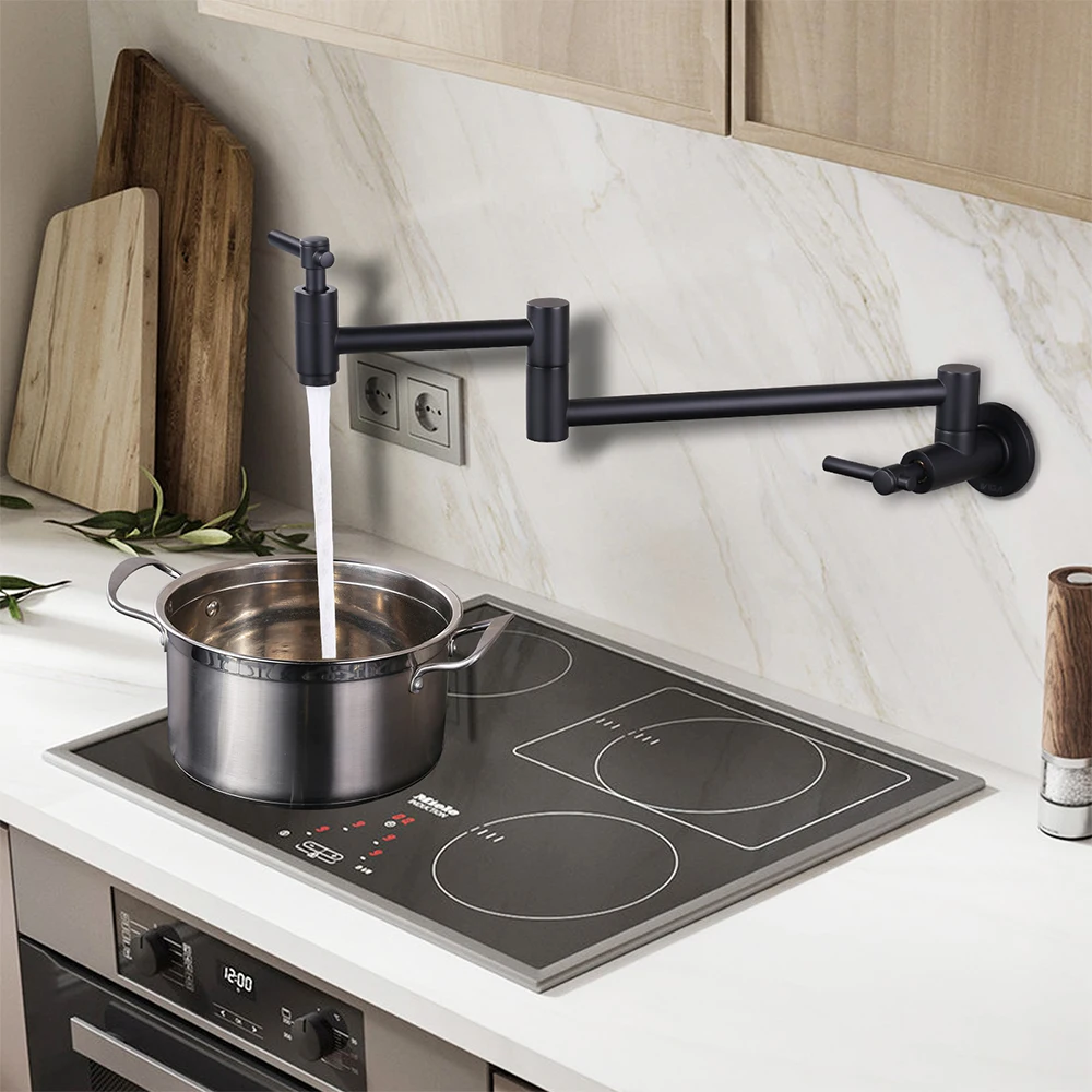 Black Brass Kitchen Faucet Folding Double Joint Swing Arm Wall Mounted Kitchen Pot Filler Faucet