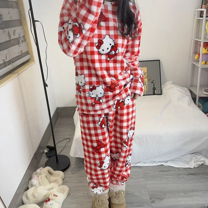 Kawaii Sanrios KT Coral Velvet Pajamas Girl Cartoon Autumn / Winter Season Warm Thickened Plush Home Clothes Set Gift