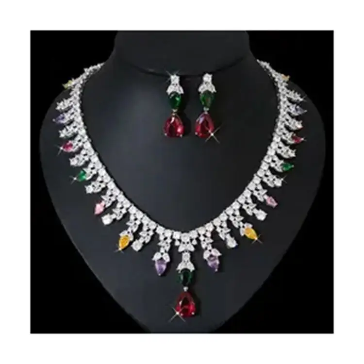 Luxury Zircon Jewelry Statement Geometric Crystal Necklace Drop Earring Women Fashion Bridal Engagement Wedding Jewelry Set